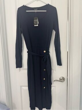 Lauren Ralph Lauren Navy Long-Sleeve Midi Dress with Belt